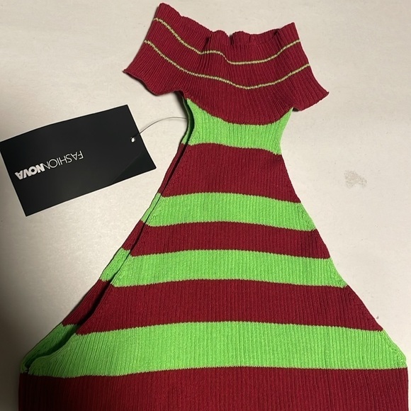 Retro Striped Halter Top Green Maroon Tank Rib High Neck NWT Fashion Nova Mod - Picture 6 of 9